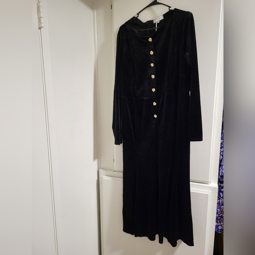 Black Velvet Dress with Ornate Gold Buttons